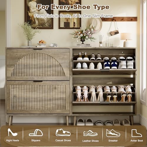 Fluted Grey Shoe Cabinet with 2 Flip Drawers, Narrow Wood Shoe Storage Cabinet, Slim Shoe Rack for Entryway, Freestanding Shoe Cabinet for Living Room, Hallway