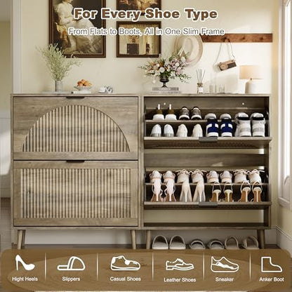 Fluted Grey Shoe Cabinet with 2 Flip Drawers, Narrow Wood Shoe Storage Cabinet, Slim Shoe Rack for Entryway, Freestanding Shoe Cabinet for Living Room, Hallway