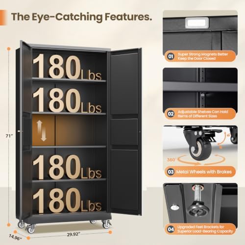 Black Rolling Metal Garage Storage Cabinet,Kitchen Storage Cabinet