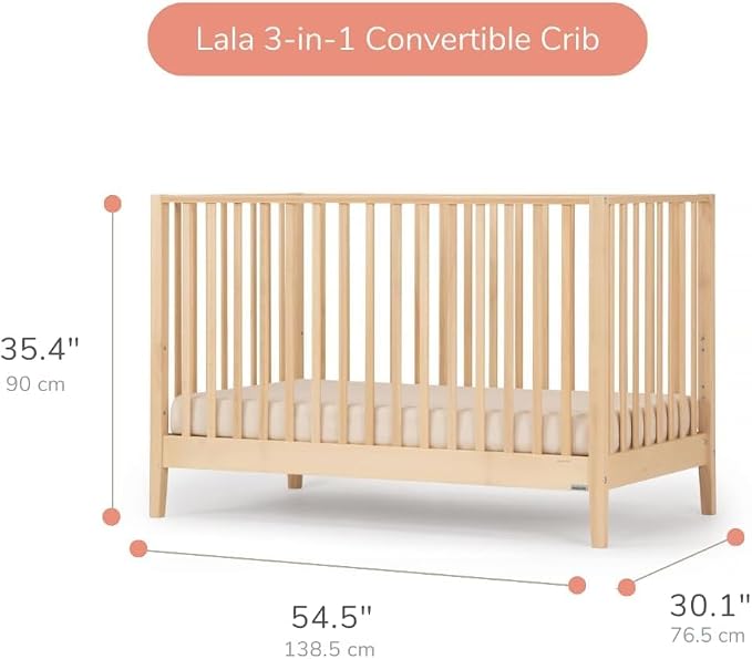 dadada Baby LaLa 3-in-1 Convertible Crib - Wood Crib Converts into Toddler Bed & Daybed - Greenguard Gold Certified, Made in Italy - 3 Adjustable Mattress Heights - Solid Beechwood (Natural)