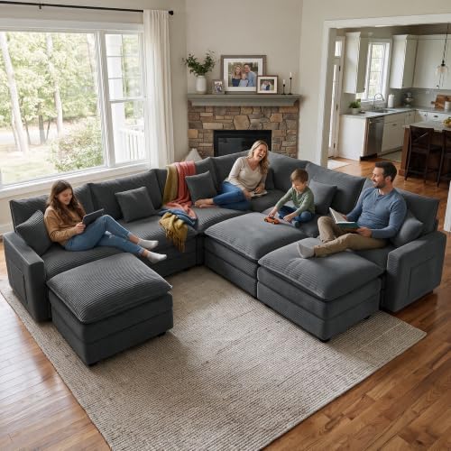 Oversized Cloud Couch Sectional, Deep Seat Modular Sofa with Ottoman, Grey