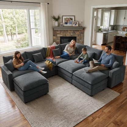 Oversized Cloud Couch Sectional, Deep Seat Modular Sofa with Ottoman, Grey