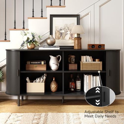 ONBRILL 63" Sideboard Buffet Cabinet, Sliding Door/Adjustable Shelf, Black