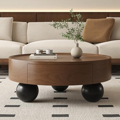 Round Wood Coffee Table with Storage Drawers, Modern Low Circular Center Table with 3 Ball Legs, Walnut Finish Storage Cocktail Table for Living Room Bedroom, Apartment-35.43“*14.96”