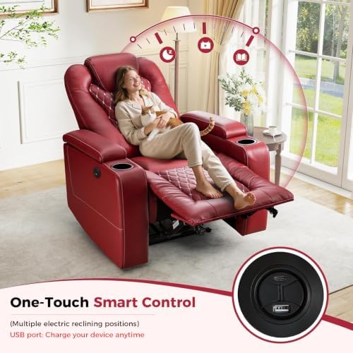ANJ Power Recliner Chair Set of 8, Electric Soft Faux Leather Reclining Home Theater Seating - USB Ports, Cup Holders, Hidden Arm Storage Movie & Media Room Chairs (Red)