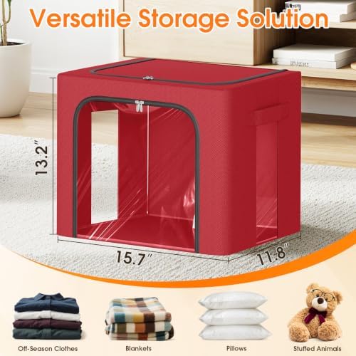 6 Pack Clothes Storage Bins with Metal Frame, Red, 40L