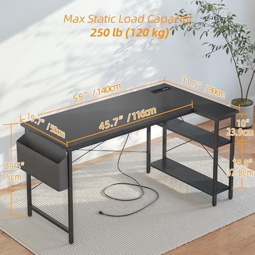 TIQLAB L Shaped Computer Desk with Power Outlets, 55 Inch Small Corner Desk with Reversible Shelves, Gaming Desk Computer Table Study Writing Table for Home Office Bedroom Small Space, Black