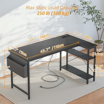TIQLAB L Shaped Computer Desk with Power Outlets, 55 Inch Small Corner Desk with Reversible Shelves, Gaming Desk Computer Table Study Writing Table for Home Office Bedroom Small Space, Black