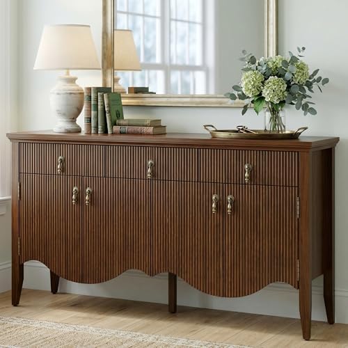 57" Fluted Sideboard Buffet,Retro Storage Cabinet, Walnut