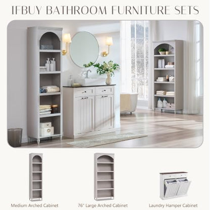 IFBUY 76" Arched Bathroom Storage Cabinet, Narrow Arch Cabinet, Light Grey