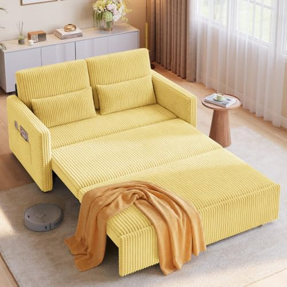 Ahomly Pull Out Convertible Sofa Bed, 3-in-1 Sleeper Loveseat, Yellow