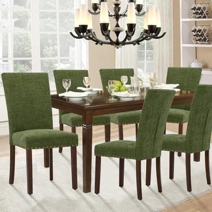 Parsons Dining Chairs Set of 4, Upholstered Nailhead Dining Room Kitchen Side Chair with Thick Cushions and Wood Legs, Green