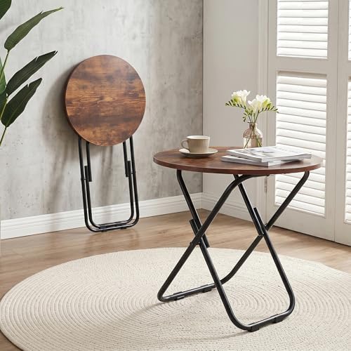 VECELO 17.7" Small Folding Table, Round Patio Outdoor Side Snack Table, Waterproof Foldable Wood End Table with Anti-Rust Metal Legs for Living Room Bedroom Garden Yard Balcony Porch
