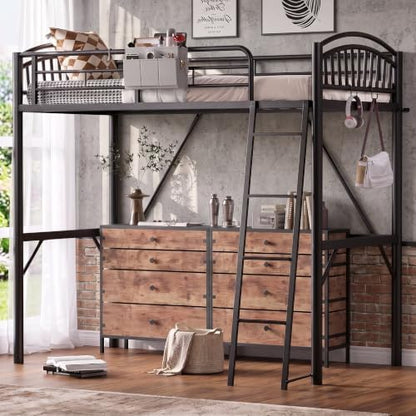 Decofy Metal Loft Bed Twin Size, Heavy Duty Loft Bed with Bedside Caddy, EVA Anti-Slip Ladder with Sturdy Guardrails, Space-Saving Twin Size Loft Bed for Teens & Adults for Bedroom Dorm (Dark Black)