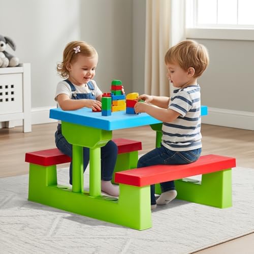 JOYMOR Kids Picnic Table with Removable Umbrella, Plastic Kids Activity Table for Outdoors, Toddler Table and Bench Set for Ages 3+, Ideal for Garden, Patio, Coloful