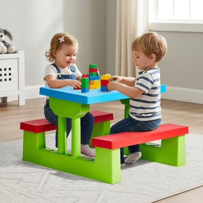 JOYMOR Kids Picnic Table with Removable Umbrella, Plastic Kids Activity Table for Outdoors, Toddler Table and Bench Set for Ages 3+, Ideal for Garden, Patio, Coloful