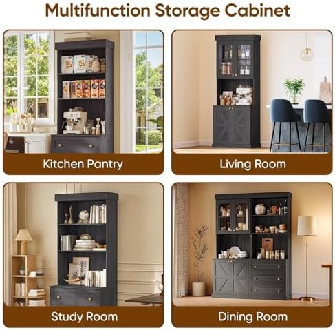 Vyre 71" Farmhouse Kitchen Pantry Cabinet, Black Freestanding Coffee Bar Hutch with Drawers & Adjustable Shelves, Large Storage Cabinet with Microwave Stand for Living Room & Kitchen