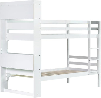 Twin Over Twin Bunk Bed with Storage Bookcase Headboard for Kids Boys Girls Teens, Rubber Wood Bunk Beds Frame with Storage Shelves, Can Be Separated into 2 Platform Beds, White