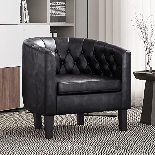 BELLEZE Black Accent Chairs for Living Room, Elegant Arm Chair Upholstered Tufted Barrel Chair Club Chair for Bedroom with Sturdy Legs and Faux Leather - Berlinda (Black)