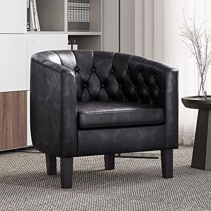 BELLEZE Black Accent Chairs for Living Room, Elegant Arm Chair Upholstered Tufted Barrel Chair Club Chair for Bedroom with Sturdy Legs and Faux Leather - Berlinda (Black)