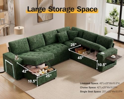 WEUP 111" Modular Sectional Sleeper Sofa with Pull Out Bed, 7 Seat Chenille L Shaped Couch with Storage Chaise|USB Ports|Cup Holders|Side Table|LED Light, Tool Free Assembly, Green