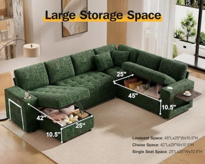WEUP 111" Modular Sectional Sleeper Sofa with Pull Out Bed, 7 Seat Chenille L Shaped Couch with Storage Chaise|USB Ports|Cup Holders|Side Table|LED Light, Tool Free Assembly, Green