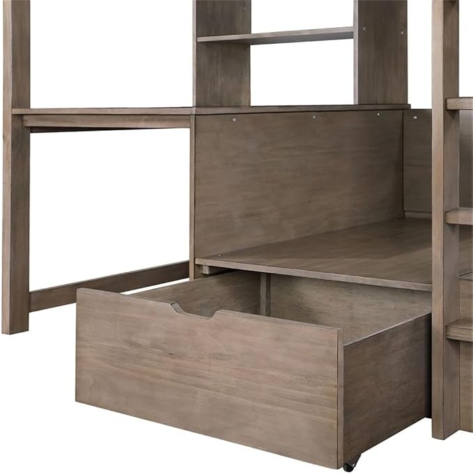 BOWERY HILL Modern Wood Twin Over Workstation Loft Bed, Warm Gray Finish, Solid Wood and MDF, 78.38" L x 43.75" W x 68.75" H, Space-Saving Design with Desk, Reading Nook, Drawer Storage, Transitional