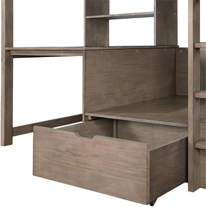 BOWERY HILL Modern Wood Twin Over Workstation Loft Bed, Warm Gray Finish, Solid Wood and MDF, 78.38" L x 43.75" W x 68.75" H, Space-Saving Design with Desk, Reading Nook, Drawer Storage, Transitional