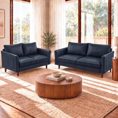 Faux Leather 3-Seater and Loveseat with Side Pocket,Royal Blue