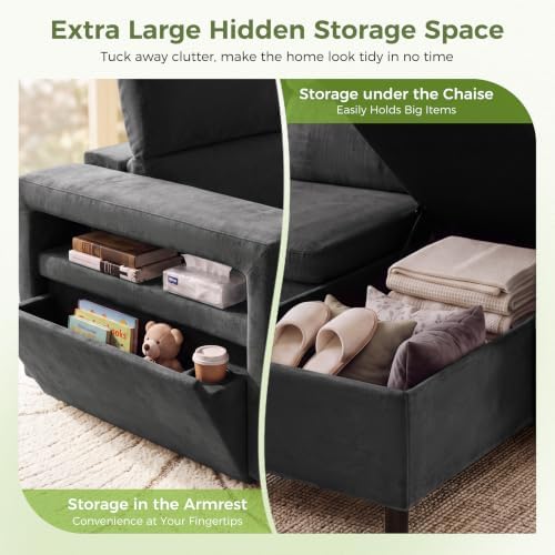 87" Modular Sectional Sofa with Pull Out Bed, Sectional Sleeper Sofa with Adjustable Headrest, Hidden Cup Holder, Storage Arm & Chaise, 4-Seater L Shaped Convertible Couch Bed for Living Room, Grey