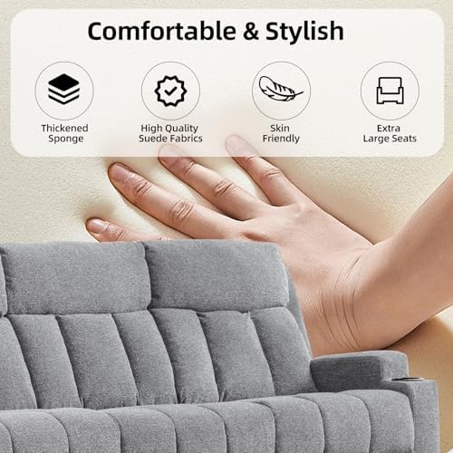 CANMOV Manual Recliner Sofa Set, Fabric Recliner Living Room Furniture Sets, 1 Seat Reclining Chair, a Loveseat, a 3 Seater Sofa Furniture Set with Side Pockets and Cup Holders, Light Grey