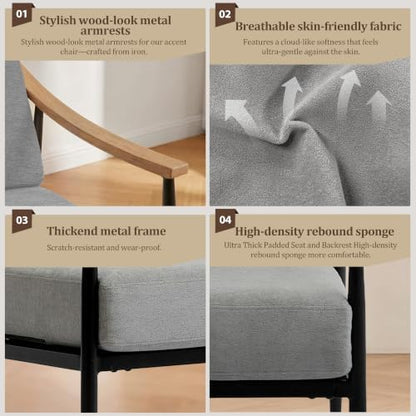 RNKSFX Modern Accent Chair for Living Room Bedroom Mid Century Arm Chair Upholstered Office Accent Chair Comfy Waiting Room Chair with Metal Frame, Grey