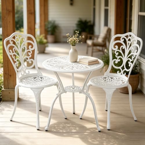 3 Piece Cast Aluminum Bistro Table and Chairs Set of 2 with Umbrella Hole Outdoor Bistro Set for Yard,Withe