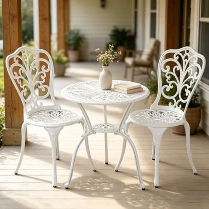 3 Piece Cast Aluminum Bistro Table and Chairs Set of 2 with Umbrella Hole Outdoor Bistro Set for Yard,Withe