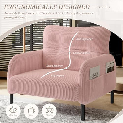 26" Corduroy Single Sofa Chair with Double Side Pockets & High Resilience Cushion, Modern Ergonomic Design Upholstery Oversized 1-Seater Accent Chair, Easy Assembly, for Living Room, Pink