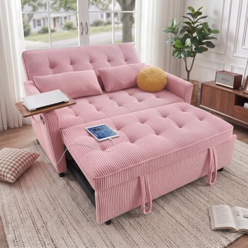 55'' Sleeper Sofa Bed, Convertible Pull Out Couch(Pink)