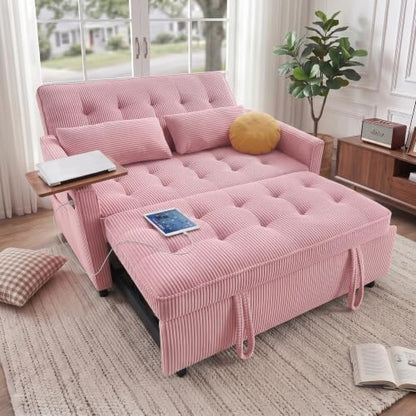 55'' Sleeper Sofa Bed, Convertible Pull Out Couch(Pink)