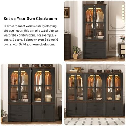 Tall Farmhouse 4 Doors Armoire Wardrobe Closet with LED ,72" Freestanding Arched Wardrobe Closet Cabinet for Bedroom w Glass Doors/Drawers,Wooden Clothing Storage Cabinet,Closets for Bedroom(Black)