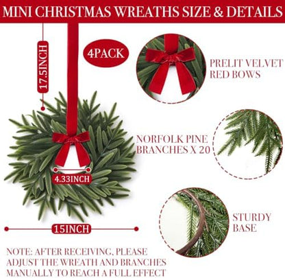 4 Pack 15'' Mini Christmas Wreath Small Christmas Kitchen Cabinet Wreaths