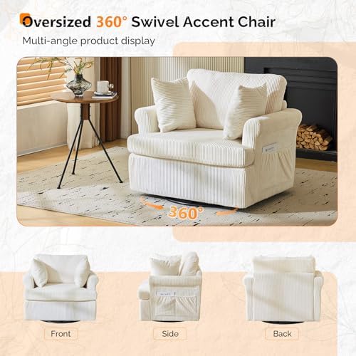 VINGL 39.2" Wide 360° Swivel Accent Armchairs with Pillows Set of 2, Oversized Single Sofas, Chair and a Half with Side Pockets and Wide armrest for Living Room, Bedroom, Reading Room, Corduroy Beige