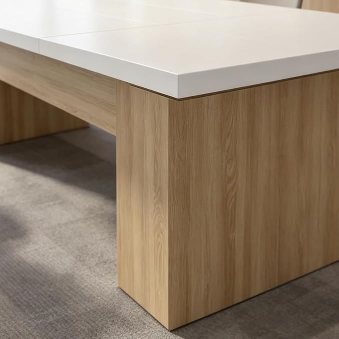 130" W Extra Large Conference Desk Table for 8-10 Persons, Modern Office Work Desk with Sturdy Pedestal Base, Long Rectangular Executive Study Table for Office, Living Room, White & Oak