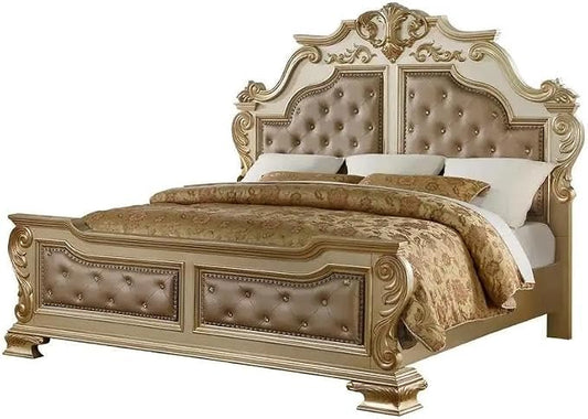 First of a Kind Miranda Gold Finish Traditional 5 Piece Queen Bedroom Set with Upholstered Tufted Headboard Ornate European Inspired Design Coordinated Furniture Collection