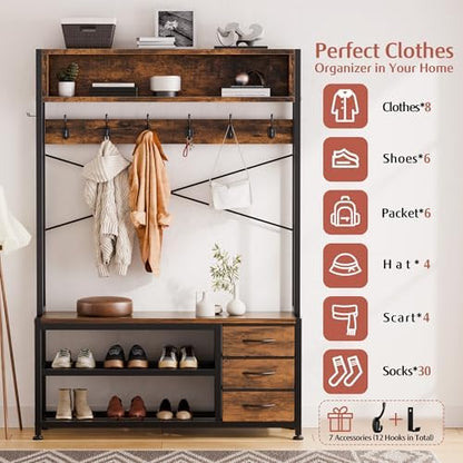 Hall Tree with Bench and Hooks, 39.4" Shoe and Coat Rack Entryway Organizer