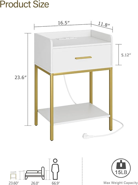 Masupu Nightstand with Charging Station,3-Tier Modern Bedside Night Stand with Storage Drawer and Shelf,Small End Side Table for Bedroom,Living Room,White