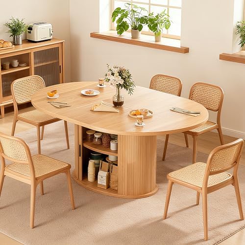 Extendable Round/Oval Dining Table Seats 2-4-6, 63" Modern Farmhouse Design with 2-Tier Storage & Fluted Slide Door, Dining Room Kitchen Furniture (Oak, 63 inches)