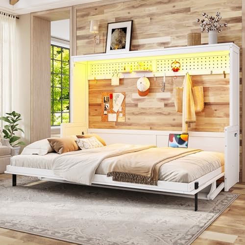Bellemave Queen Murphy Bed with Desk,LED Lights, Cabinet Bed Frame with USB Port, Noisy Free, for Guest Bedroom, Living Room, White