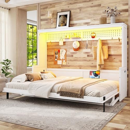 Bellemave Queen Murphy Bed with Desk,LED Lights, Cabinet Bed Frame with USB Port, Noisy Free, for Guest Bedroom, Living Room, White