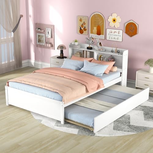 Bellemave Full Size Bed Frame with Trundle Bed and Bookcase, White