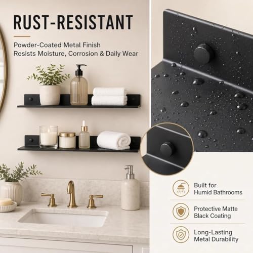 Z metnal Bathroom Shelf, Small Floating Wall Shelves, Decorative Ledge Shelf, Aluminum, Wall Mounted, Matt Black, 20/16/12 inch, 3 Set