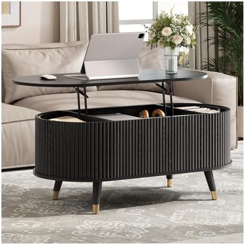 JOINICE Oval Lift Top Coffee Table with Storage for Living Room,42.5",Black